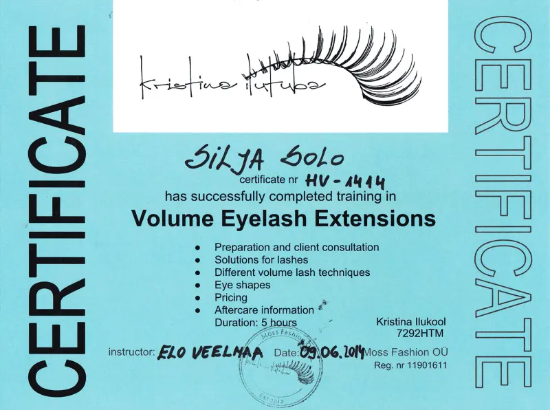 Sinine tunnistus Silja Solole Volume Eyelash Extensions koolituse läbimise eest, rõhutades ettevalmistust, klientide nõustamist, ripsmete lahendusi, erinevaid volüümiripsmete tehnikaid, silmakujusid ja hinnakujundust, koolituse kestus 5 tundi, kuupäevaga 09.06.2017, koolitaja Elo Veelmaa, väljastatud Kristina Ilukooli poolt.